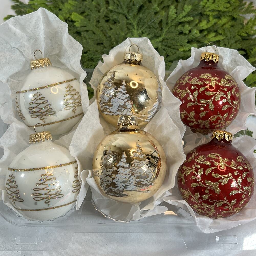 Vintage Set of 6 Glass Christmas Bauble Ball Ornaments Red White Gold Trees